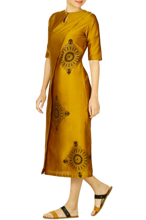 golden one-piece block printed dress